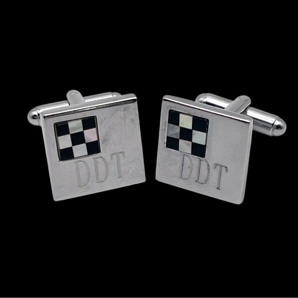 Silver Cufflinks With Mother of Pearl and Onyx Checkered Flag DDT Engraving